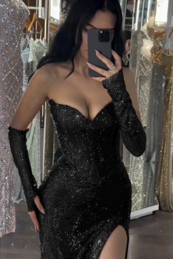 Sequin Strapless Long Mermaid Prom Dress With Split Detachable Sleeves