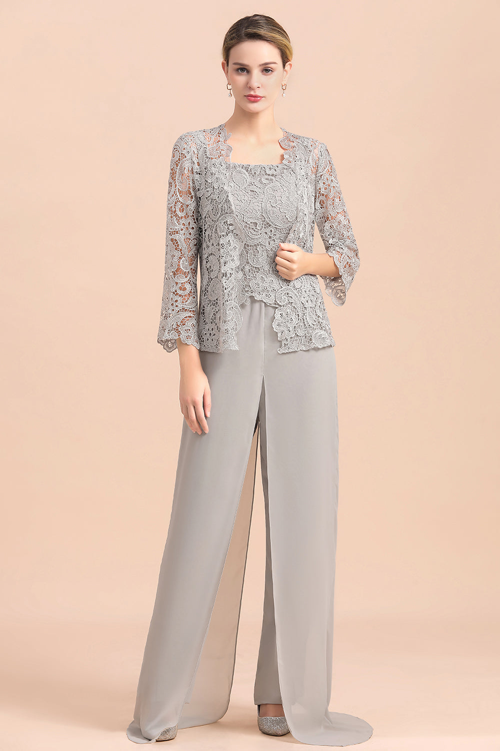 BMbridal Elegant Silver Lace Top Chiffon Mother of Bride Jumpsuit Online with Wrap