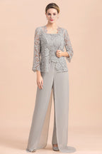 BMbridal Elegant Silver Lace Top Chiffon Mother of Bride Jumpsuit Online with Wrap