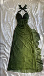 Robe longue de bal en mousseline verte dégradée à col en V et dos nu, robe de soirée pour fête Y7484