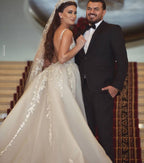 Chic Lace Long Mermaid V Neck Tulle Wedding Dress With Detachable Train