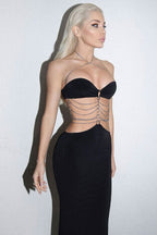 Vestido de Noite Maxi Sexy com Decote Halter e Aplicações de Corrente - Preto