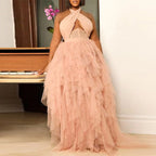 Vestido de Noiva para Mulheres de Tamanho Grande Vestido de Noite Vestido de Alça Halter Cor-de-Rosa Vestido de Tule Balão Tamanho Grande