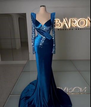 Abito da cerimonia sirena blu reale con maniche lunghe eleganti e ricami scintillanti di perline