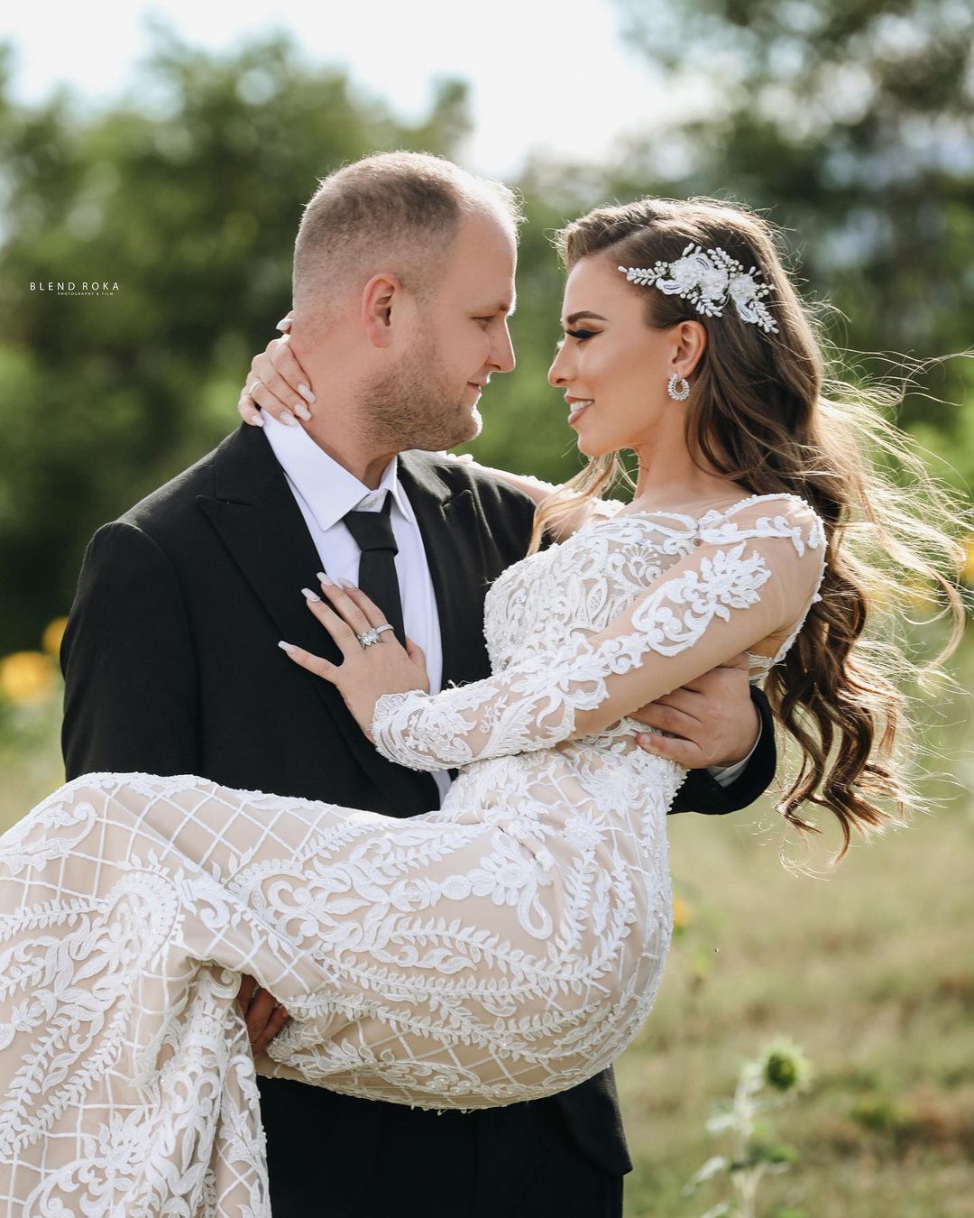 Bmbridal Long Sleeves Lace Mermaid Wedding Dress Boho Bridal Gown