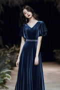 Blue evening dress custom made elegant dress sexy prom dress velvet dress custom made Y1172