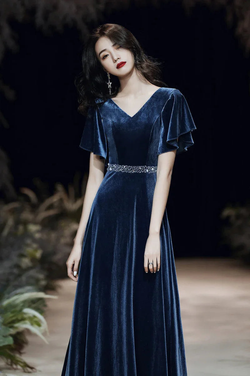 Blue evening dress custom made elegant dress sexy prom dress velvet dress custom made Y1172