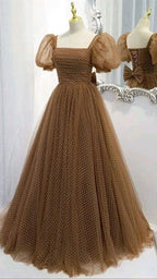 Beautiful Prom Dress New Brown Evening Dress Elegant Collar Puff Sleeve A-line Floor-length Point Prom Formal Gowns Y117
