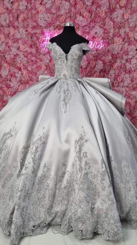 Luxuriöses schulterfreies silbernes Quinceañera-Kleid, silbernes Ballkleid Y1157