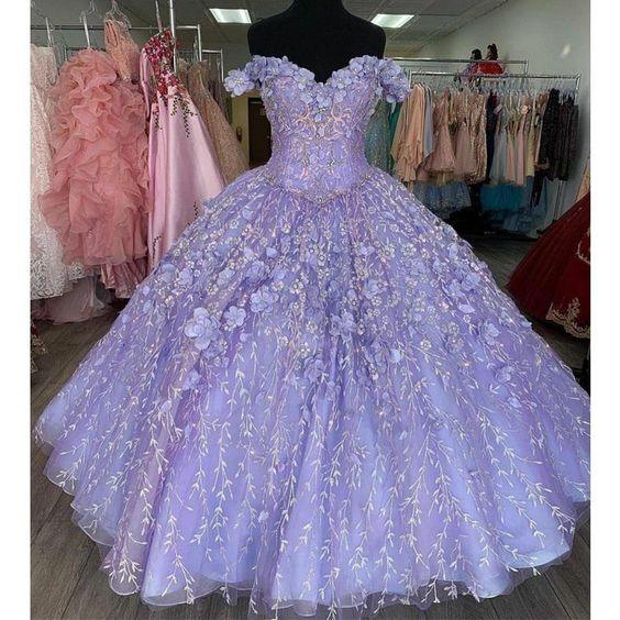 Romantisches Lavendel 3D Blumen Kleid für den 15. Geburtstag, Schulterfreies Ballkleid, Kleid für den 16. Geburtstag Y1152