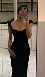 Robe de bal noire simple, longue jusqu'au sol, avec manches courtes en cape Y1142