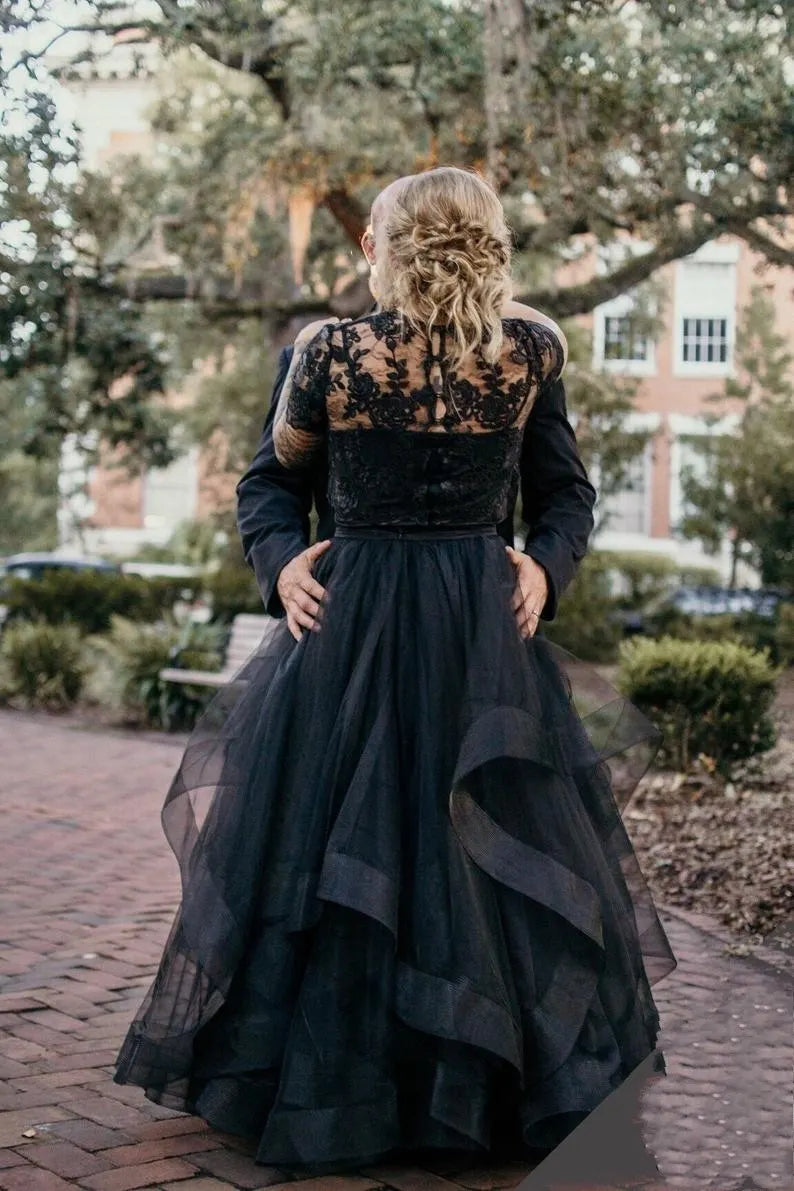 Charming Tulle Lace Two Piece Long Wedding Dress With Short Sleeves