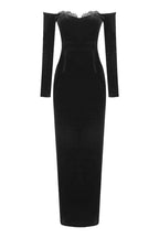 Vintage Eyelash Off Shoulder Long Sleeve Bodycon Velvet Maxi Evening Dress