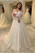 Glitter Spaghetti Straps Sweetheart A Line Long Wedding Dress With Sleeves