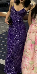 Vestido de fiesta formal morado con lentejuelas, escote en V y tirantes finos estilo espagueti, corte sirena, para la noche Y7558