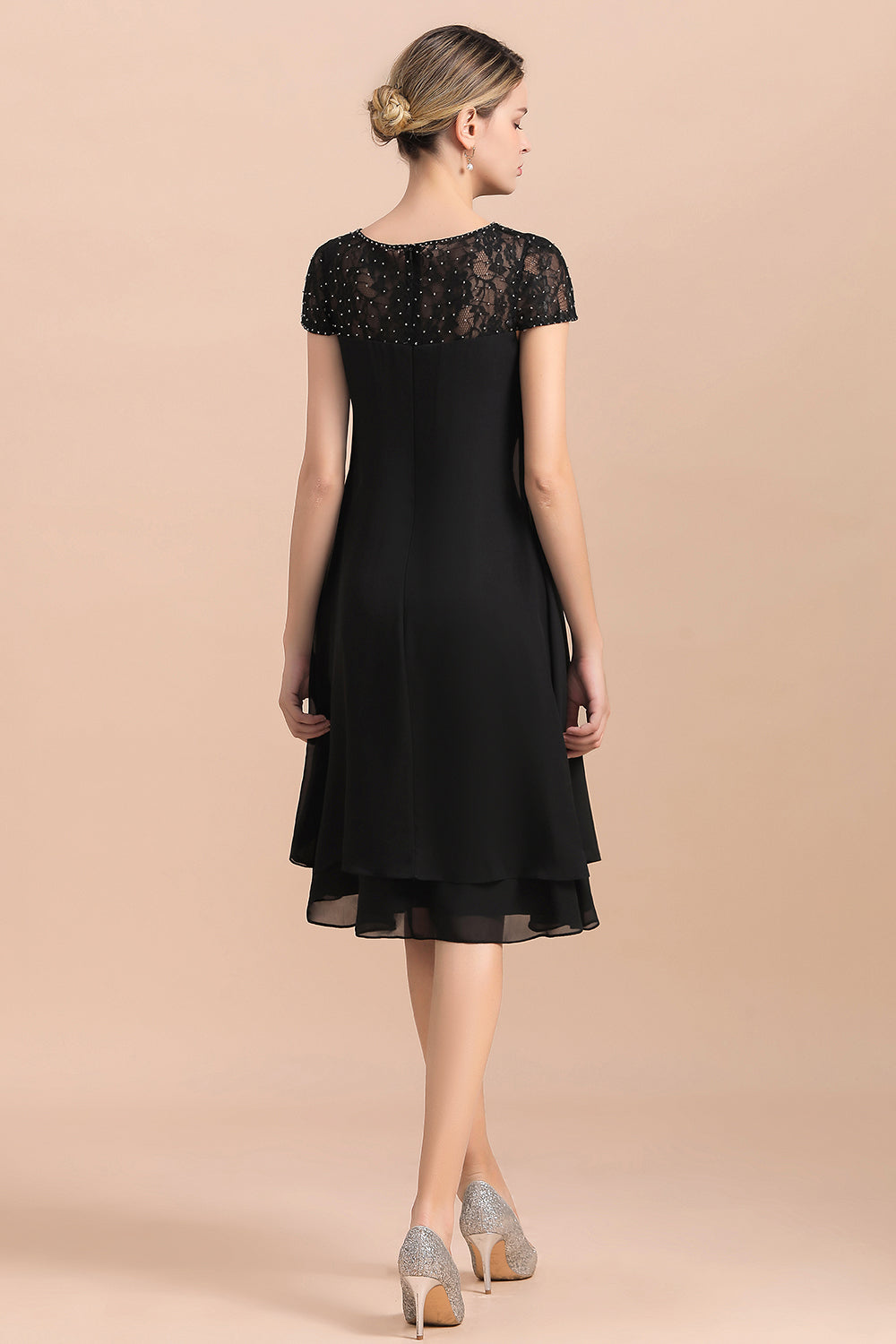 BMbridal Chic Black Cap Sleeve Mother of Bride Dress Chiffon Short Wedding Party Gowns