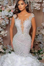 Glamorous Mermaid Wedding Dress With Cap Sleeves Lace Appliques And Ruffle Train
