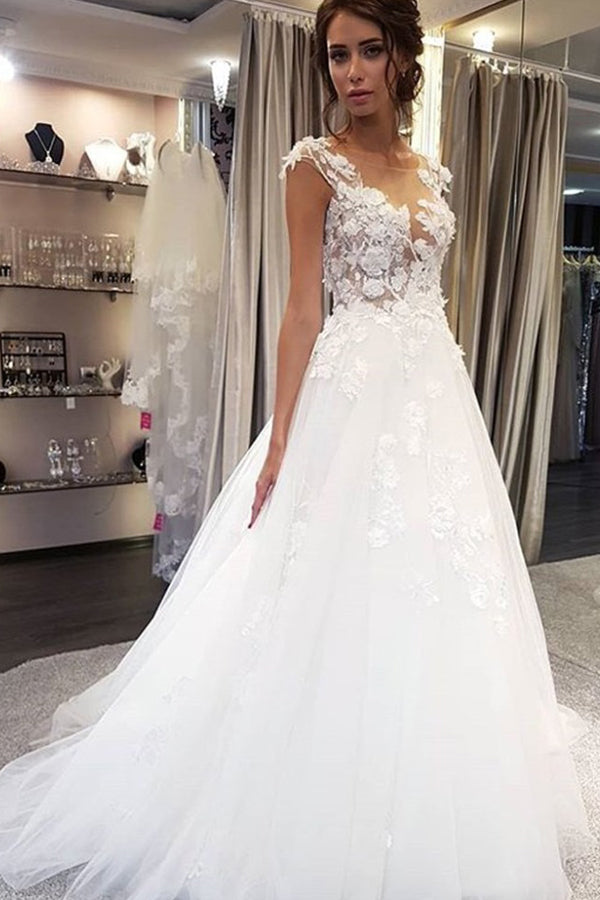 Classic White Long Lace Wedding Dresses With Appliques
