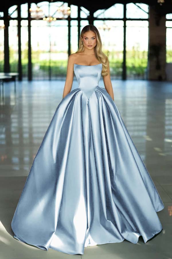 Strapless Sleeveless Long A Line Prom Dress With Pockets Pleated Custom Colors