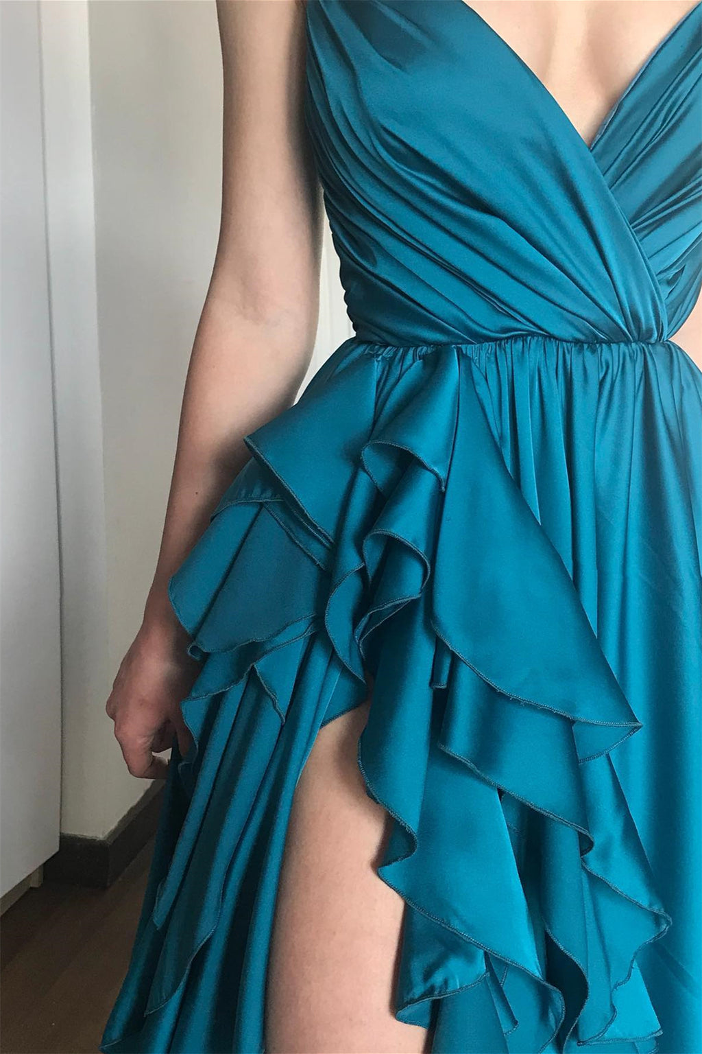 Ink Blue Spaghetti Straps V Neck Sleeveless Mermaid Prom Dress With Ruffles Slit