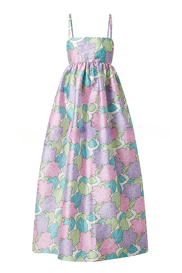 Robe mi-longue ligne A imprimée florale avec nœud papillon dans le dos, déesse du jardin