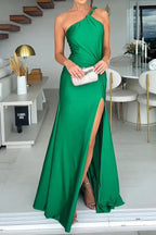 Abito Midi in Satin Satinato con Spalla Scoperta, Drappeggio a Spirale, Taglio Laterale e Fessura