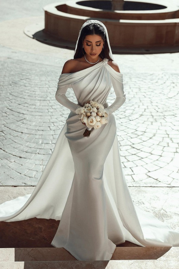 One Shoulder Mermaid Satin Wedding Dress With Overskirt And Backless