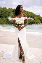 Off Shoulder Mermaid Long Wedding Dress With Slit Sweetheart Neckline