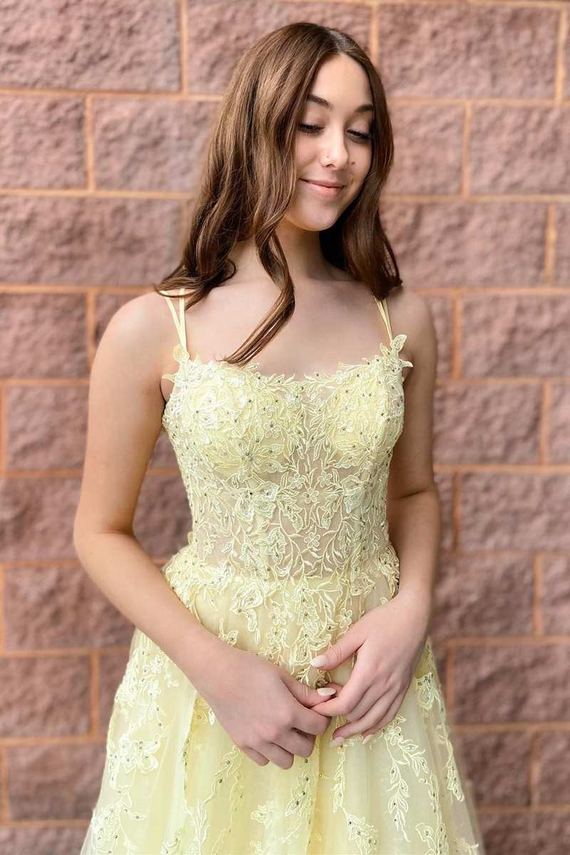 A-Line Yellow Tulle Applique Lace-Up Prom Dress