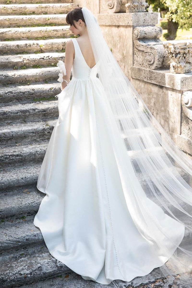 Satin Sleeveless V Neck Wedding Dress Elegant Bridal Gown