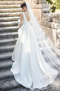 Satin Sleeveless V Neck Wedding Dress Elegant Bridal Gown