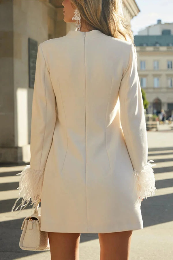 Robe courte à manches longues en ligne H avec garniture en plumes pour un rendez-vous inoubliable
