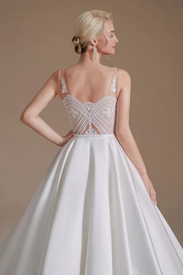 Charming A-Line Satin V-Neck Wedding Dress With Lace Appliques