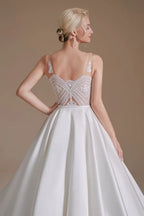 Charming A-Line Satin V-Neck Wedding Dress With Lace Appliques