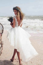 Modern Sleeveless A-Line Lace Beach Boho Hi-Lo Wedding Dress