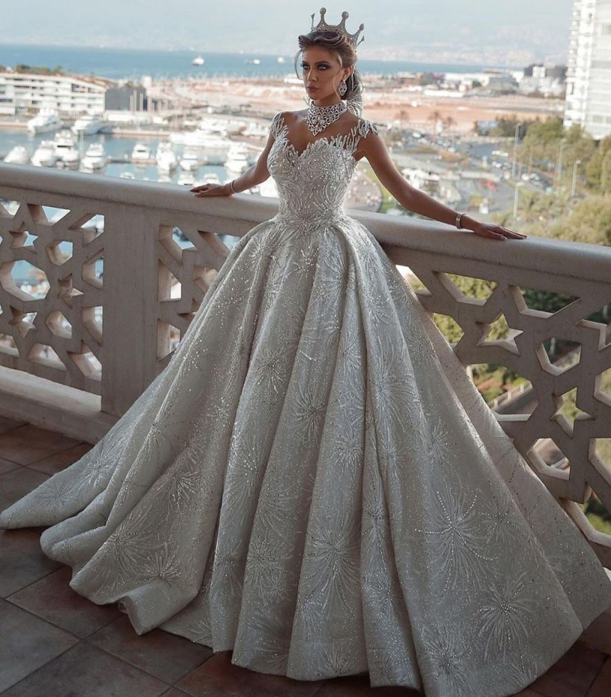 Glamorous Cap Sleeve Ball Gown Wedding Dress With Beading