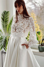 Bmbridal Long Sleeves Lace Satin Mermaid Bridal Dress With Pockets