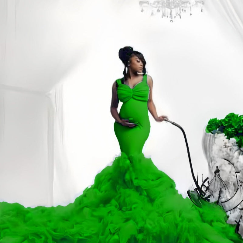 Nouvelle robe photo de grossesse à taille filet souple, queue de poisson, élastique, ample pour grand ventre