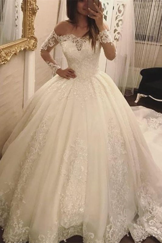 Long Sleeves Off The Shoulder Ball Gown Wedding Dress With Lace Appliques