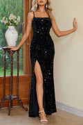 Abiti da Sera Sexy con Scollo Quadrato, Spacco e Paillettes Solide