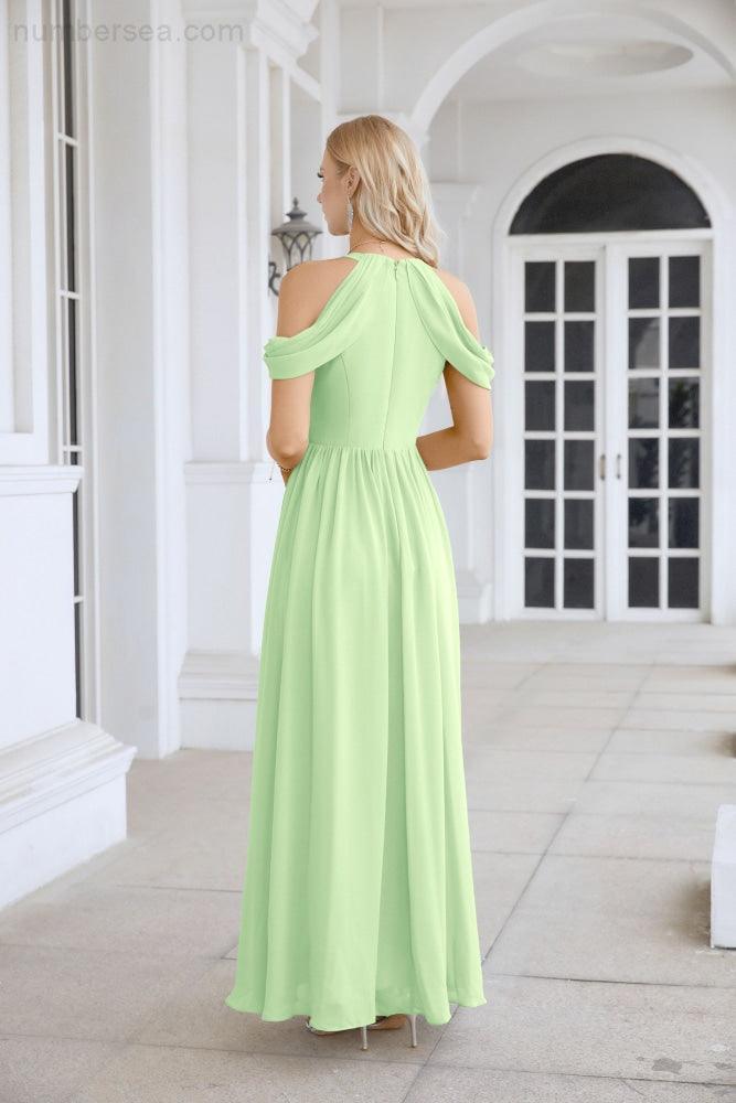 Abito da sera da damigella in chiffon con spalle scoperte, maniche a campana e spacco frontale, abito da festa nuziale 28117