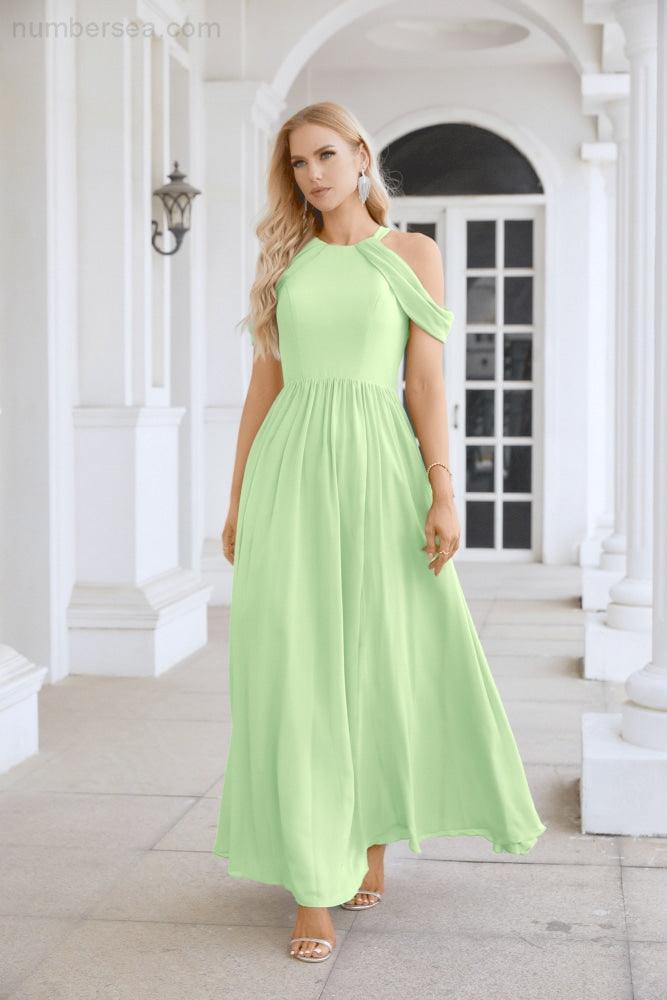Abito da sera da damigella in chiffon con spalle scoperte, maniche a campana e spacco frontale, abito da festa nuziale 28117