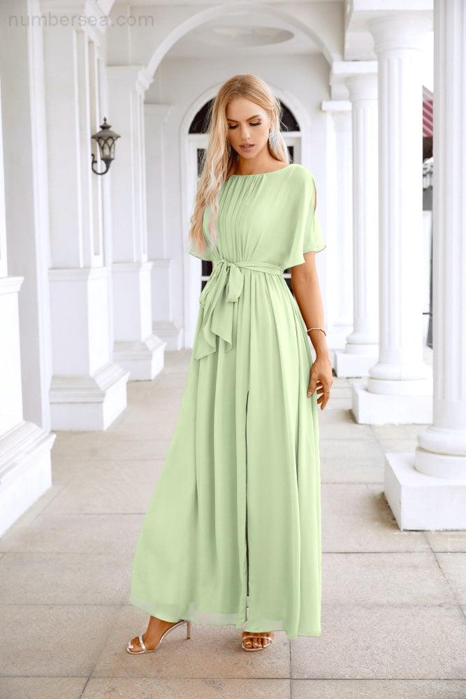 Robe de soirée longue jusqu'au sol pour demoiselle d'honneur, manches en mousseline, encolure ronde, fente avant, pour mariage et fête 28124
