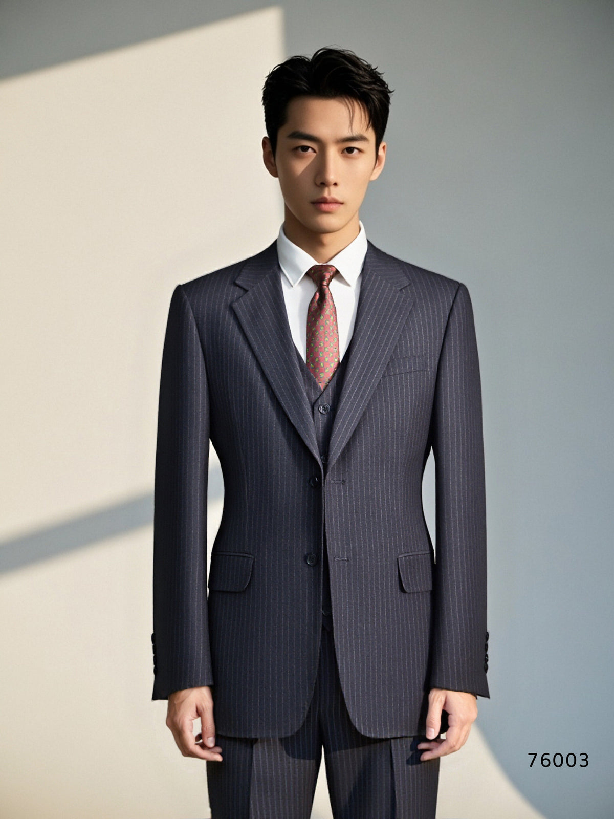 Three Piece Pinstripe Wool Wedding Suit For Groom Classic Tailored Fit