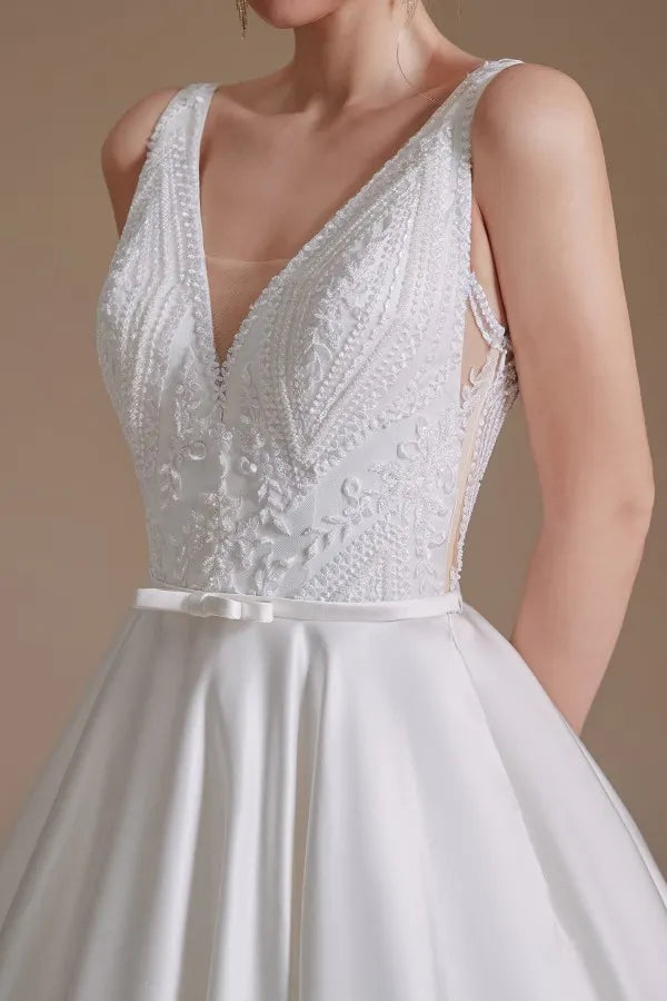 Charming A-Line Satin V-Neck Wedding Dress With Lace Appliques