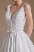 Charming A-Line Satin V-Neck Wedding Dress With Lace Appliques