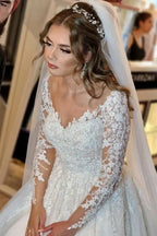 White Lace V Neck A Line Wedding Dress With Long Sleeves
