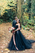 Black Strapless Tulle Long A Line Wedding Dress With Applique Lace