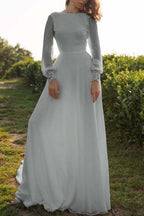 Tulle Bateau Long Sleeves Boho Wedding Dress Open Back A Line