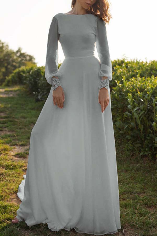 Tulle Bateau Long Sleeves Boho Wedding Dress Open Back A Line
